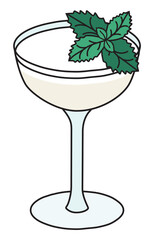 Southside classic New Era cocktail in cope glass. Gin based white drink garnished mint and egg white foam. Stylish doodle cartoon vector illustration good for cards, menu decoration, posters