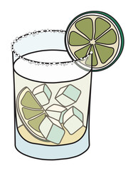 Tommys Margarita classic New Era cocktail in tumbler glass. Tequila based drink garnished slice of lime and salty rim. Stylish doodle cartoon vector illustration good for cards, menu decoration