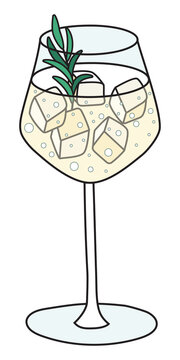 Saint Germain Spritz classic cocktail in wine glass. White sparkling wine and St-Germain liqueur based spritzer or weinschorle drink served with ice. Stylish doodle cartoon vector illustration
