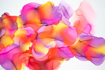 Abstract fluid art painting background alcohol ink, mixture of pink, purple and yellow paints. Transparent overlayers of ink create lines and gradients. Burst of creativity. - 462963249