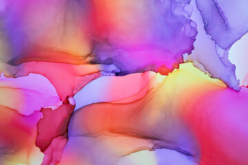 Abstract fluid art painting background alcohol ink, mixture of pink, purple and yellow paints. Transparent overlayers of ink create lines and gradients. Burst of creativity. - 462963250