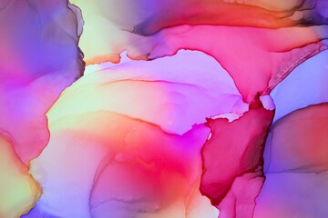 Abstract fluid art painting background alcohol ink, mixture of pink, purple and yellow paints. Transparent overlayers of ink create lines and gradients. Burst of creativity. - 462963251
