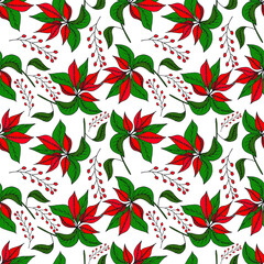 Hand drawn Christmas seamless pattern of poinsettias. Colorful realistic branches  in vintage style. Vector illustration with elements decorations for  greeting cards, christmas posters and  wrapping.