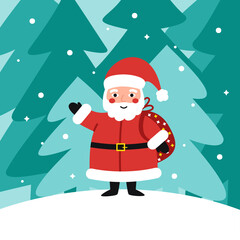 Greeting Christmas card with Santa Claus and place for text. Cute cartoon vector illustration with winter forest landscape and character