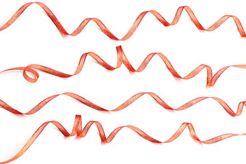 Set of red wavy ribbons isolated on white background. New Year or Christmas holidays decoration concept.