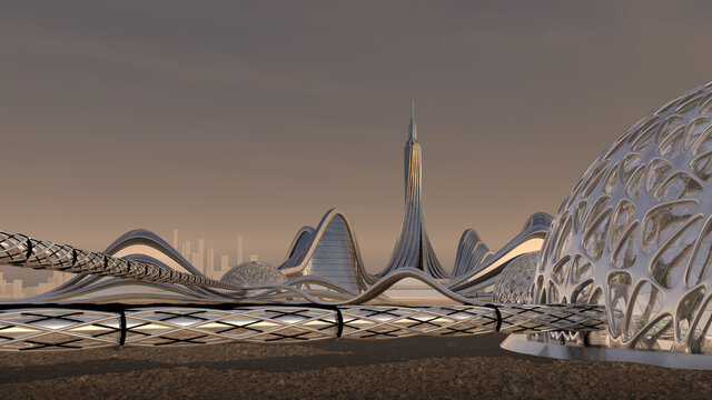 Futuristic city skyline with metallic architecture