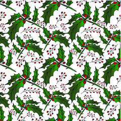 Hand drawn Christmas seamless pattern with holly branches. Colorful   branches  in vintage style. Vector illustration with elements decorations for  greeting cards, christmas posters and wrapping.