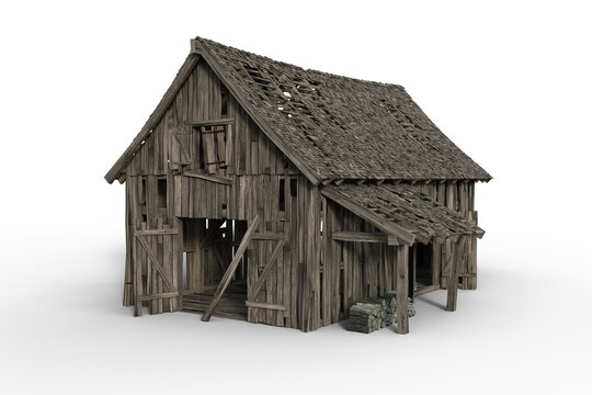 3D illustration of a decrepit old grey wooden barn with open doors and holes in the roof isolated on a white background.