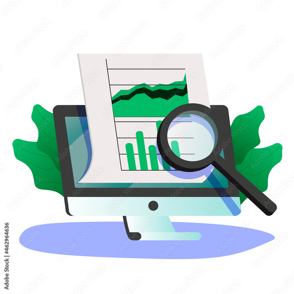 Aufkleber analyst with loupe looking at diagram or trend on computer screen. concept of web analytics, statist