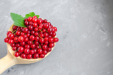 Juicy fresh currants in a wooden spoon on a light background. Copy space.