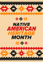 Native American Heritage Month in November. American Indian culture. Celebrate annual in United States. Tradition pattern. Poster, card, banner and background. Vector ornament, illustration