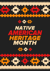 Native American Heritage Month in November. American Indian culture. Celebrate annual in United States. Tradition pattern. Poster, card, banner and background. Vector ornament, illustration