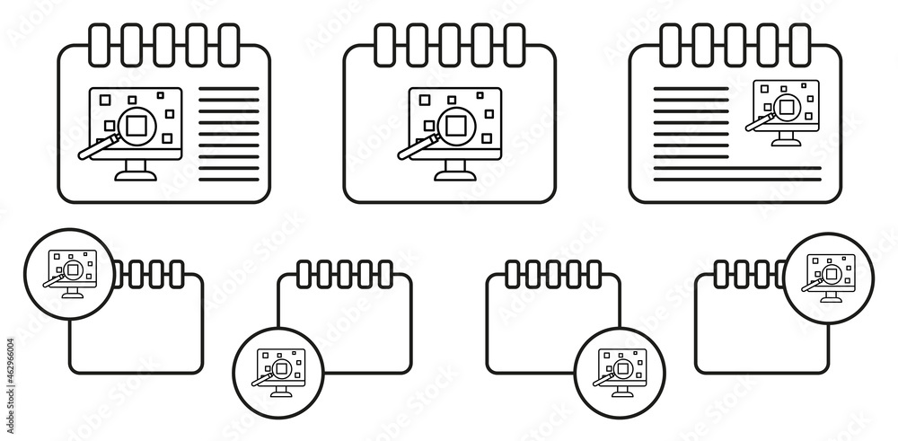 Poster analysis data, machine concept line vector icon in calender set illustration for ui and ux, website 
