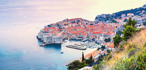 Top view of the Old Town of Dubrovnik, in beautiful evening light at sunset, the Adriatic coast of Croatia