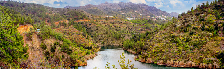 Panoramic view of the Farmakas village at the Troodos Mountains in the Nicosia District, Republic...