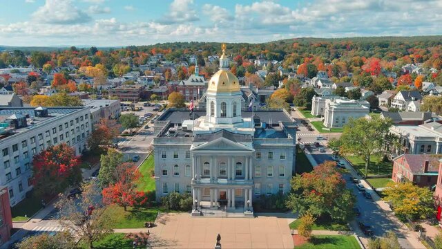 Aerial Zoom Out of New Hampshire State House to Reveal Beautiful Autumn Landscape.