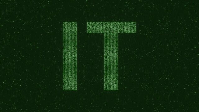 IT or Internet Technology text made with many symbols on computer screen, 3d animation