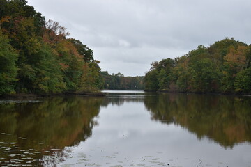 Fototapeta premium Autumn trees reflecting on the water