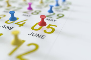 June 5 date and push pin on a calendar, 3D rendering