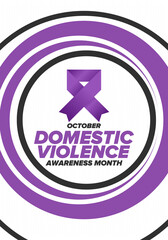 Domestic Violence Awareness Month in October. Celebrate annual in United States. Awareness purple ribbon. Day of Unity. Prevention campaign. Stop women abuse. Poster, banner and background. Vector