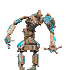 funny rusty robot is holding and looking down in white background