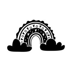 Black white boho rainbow in hand drawn style, with hearts and clouds