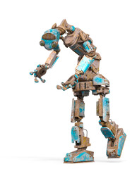 funny rusty robot is walking and looking down  in white background