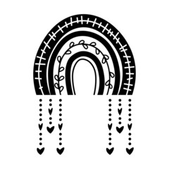 Black white boho rainbow in hand drawn style, with heart and leaves.