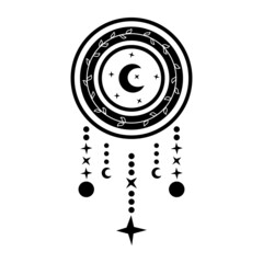 Dream catcher with crescent moon in black and white.