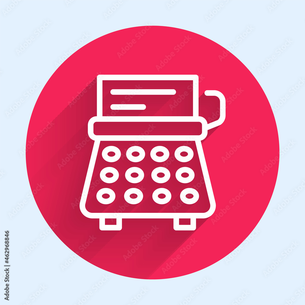 Poster white line retro typewriter and paper sheet icon isolated with long shadow. red circle button. vecto