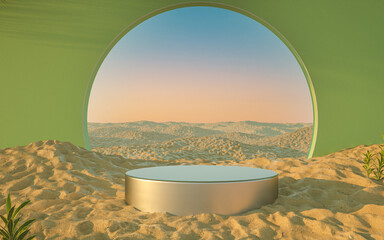 desert beach podium with green wall and green circle portal 3d
