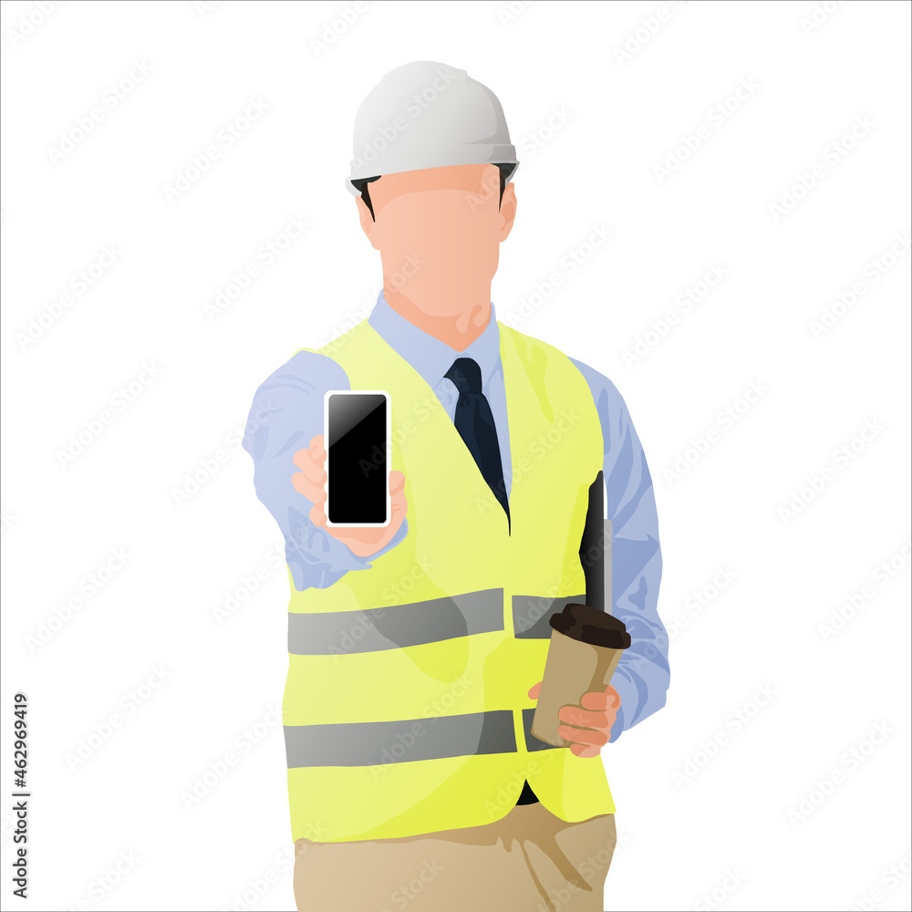 Poster Engineer holding smartphone with blank screen and coffee