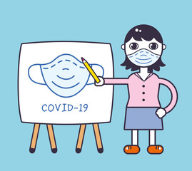 Young woman news presenter, teacher or doctor showing on a white board with a protective medical face mask illustration. Quarantine, COVID-19 pandemic prevention.