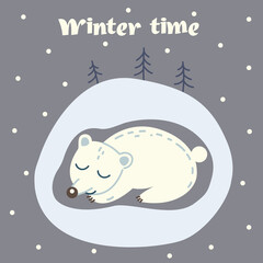 The bear sleeps in a den. Illustration on a winter theme. Winter time.