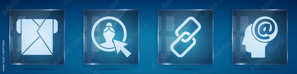 Aufkleber set envelope, create account screen, chain link and mail and e-mail. square glass panels. vector
