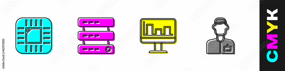 Poster set processor with cpu, server, data, web hosting, monitor graph chart and analyst engineer icon. ve