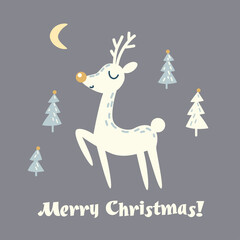 Christmas deer in cartoon style and Christmas trees. Christmas card. Vector illustration on the theme of winter holidays.