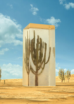 Isolated cactus enclosed in a cube in the desert 