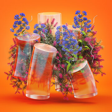 Botanical arrangement with glass pillars and flowers blooming