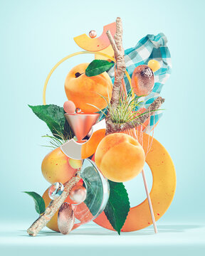 Summer picnic collage with peaches, plants and geometric shapes