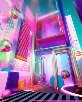 Colorful, futuristic room with glass and metallic textures
