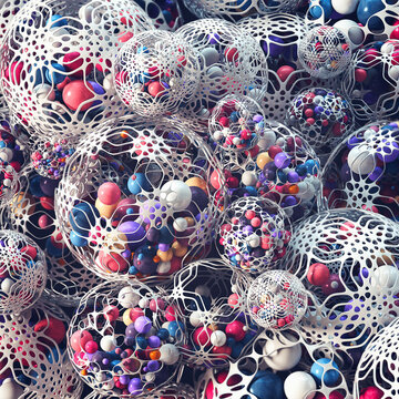 Interconnected mesh nodes containing colorful spheres