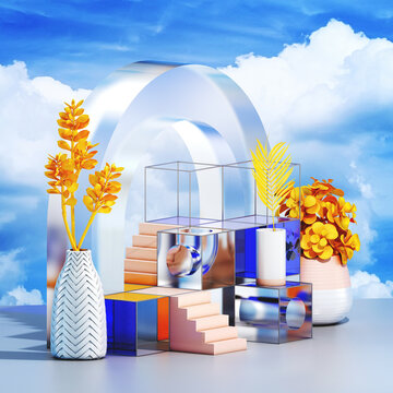 Arrangement of glass geometric shapes and bright, colored plants