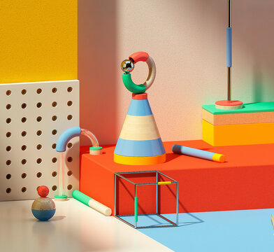 Arrangement of colorful geometric shapes and pegboard