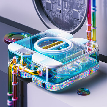Iridescent cube with rainbow tubes connecting digital components