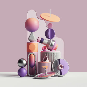 Arrangement of balanced geometric shapes with pastel gradients