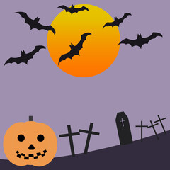 ハロウィンのかぼちゃと月、こうもり、墓