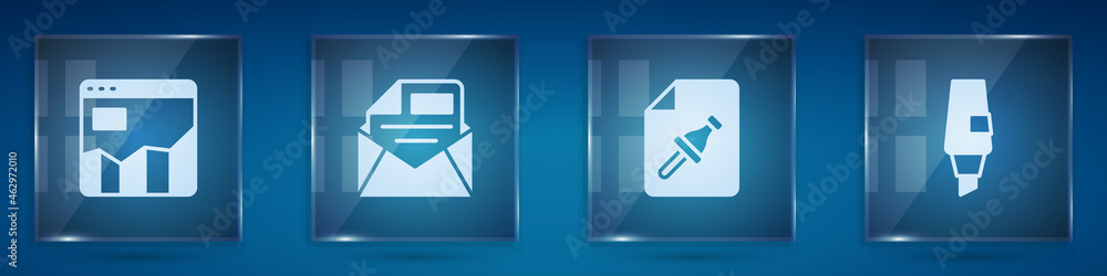 Poster set graph chart infographic, mail and e-mail, note paper with push button and marker pen. square gla