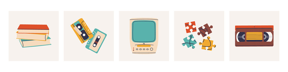 Cute trendy illustrations - stack of books, audio and video cassettes, a TV with a video recorder, puzzles. Set of vector isolated elements for retro design.