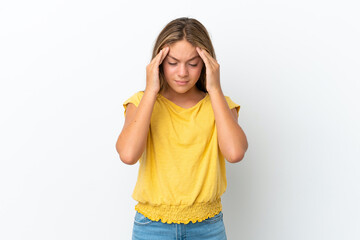 Fototapeta premium Little caucasian girl isolated on white background with headache